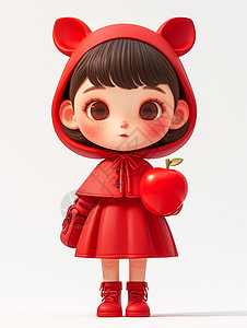 穿着红色连衣裙苹果主题可爱的卡通女孩图片