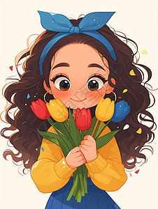 抱着彩色郁金香花朵长卷发可爱的卡通女孩图片