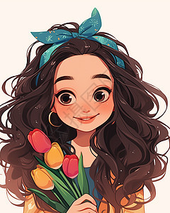 怀抱着彩色郁金香花朵长卷发的卡通女孩图片