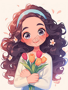 抱着彩色郁金香花朵长卷发的卡通女孩图片