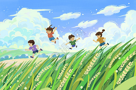 孩子开心小孩子在田园间自由开心的奔跑插画