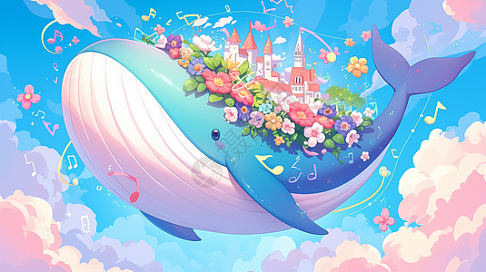 空中的卡通大鱼背上有很多花朵图片