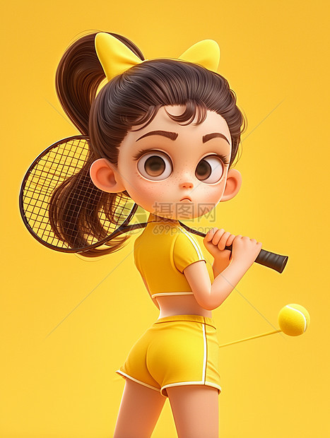 身穿黄色运动套装打网球的卡通女孩图片
