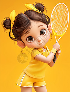 身穿黄色运动套装打网球的卡通小女孩图片