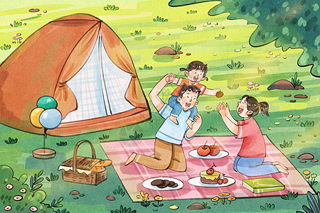 夏天儿童手绘水彩夏季露营之爸爸女儿与妈妈互动治愈插画插画