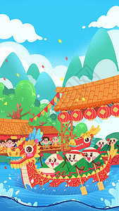 手绘卡通肌理风端午节赛龙舟喜庆节日插画图片