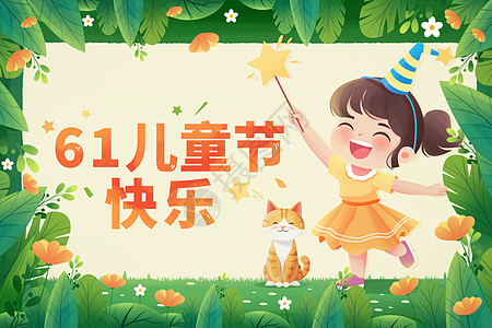 幼儿园国庆节儿童节绿色植物边框插画海报插画