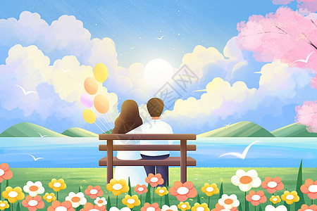 海边夏天情人节情侣海边长椅上的情侣插画插画