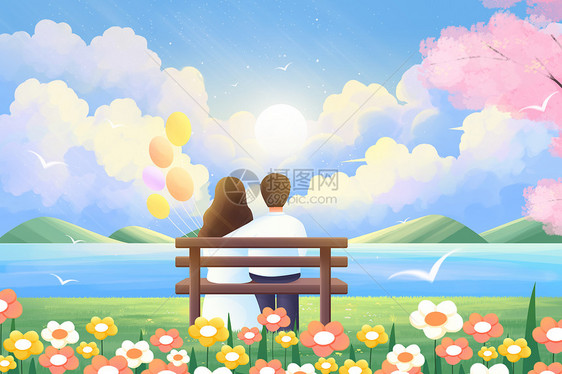 情人节情侣海边长椅上的情侣插画图片