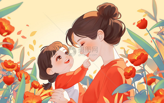 母亲节母女母亲女孩温馨花草植物手绘插画人物暖色图片