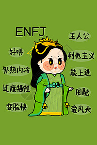 MBTI手绘卡通线描16型人格ENFJ表演者绿色古风竖图图片
