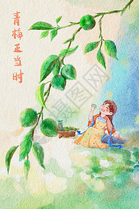 手绘水彩芒种时节青梅酿酒插画图片