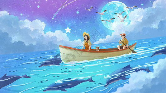 女孩与海豚梦幻星空下与海豚相伴横板插画插画