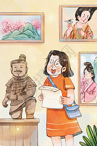 手绘水彩世界博物馆日之女孩兵马俑和古画元素等插画图片