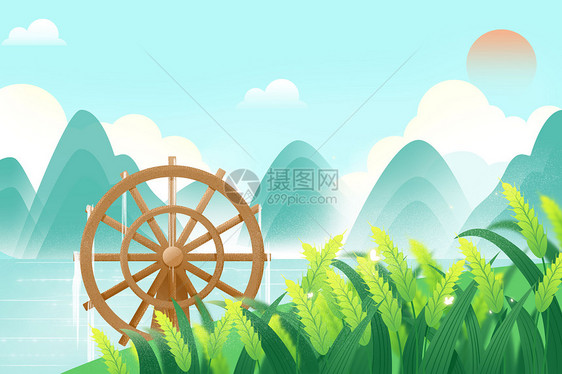 夏日夏天小满小麦山水蓝天白云插画图片