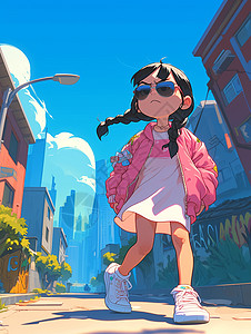戴着墨镜穿粉色衣服酷酷的卡通女孩走在街上图片
