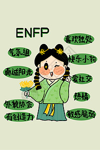 MBTI手绘卡通线描16型人格ENFP表演者绿色古风竖图图片