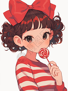 正在吃棒棒糖穿着红色条纹衫的卡通女孩图片