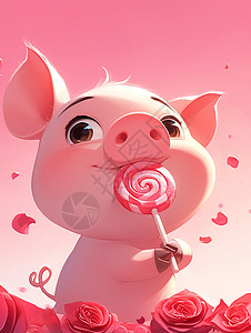 正在吃棒棒糖的粉色可爱卡通小猪图片