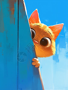 躲在蓝色墙后的卡通小猫图片