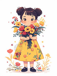 身穿黄色碎花连衣裙手捧着花束的卡通小女孩图片