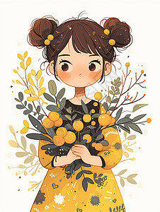 穿黄色碎花连衣裙手捧着花束的卡通小女孩图片