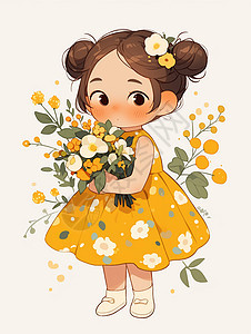 身穿黄色碎花连衣裙捧着花束的卡通小女孩图片