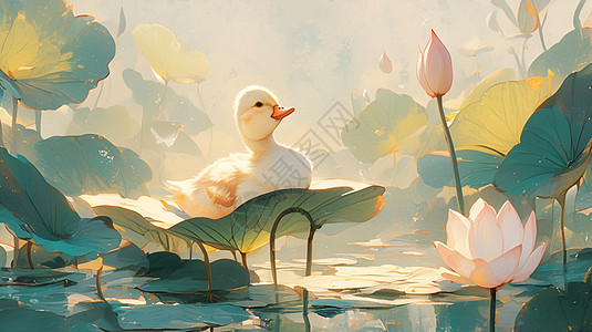 一只毛茸茸可爱的卡通小鸭子在荷花塘中背景图片