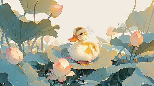 一只毛茸茸卡通小鸭子在荷花塘中图片