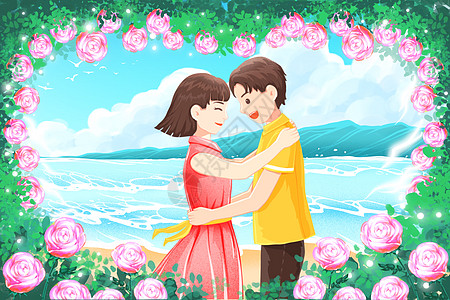 手绘风水彩治愈系情侣海边心型玫瑰框场景插画图片