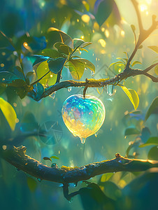 挂在树枝上炫彩透明的发光的卡通苹果图片