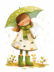打着绿色雨伞站在雨中的卡通小女孩图片