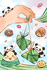 手绘软萌可爱风端午节粽子与熊猫插画图片