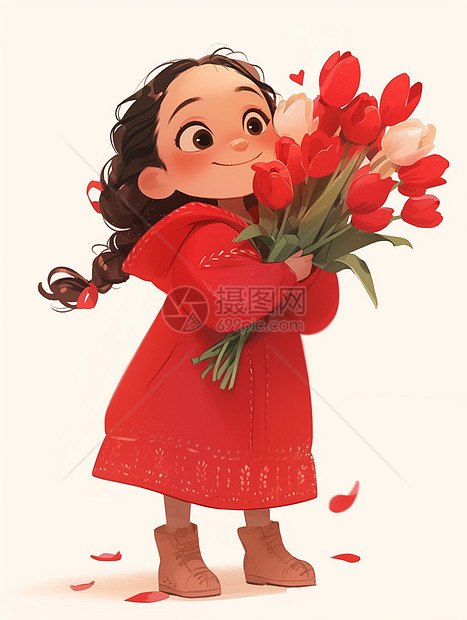 手捧着红色郁金香花束穿着红色连衣裙的卡通小女孩图片