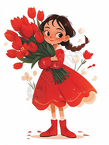 捧着红色郁金香花束穿着红色连衣裙的卡通小女孩图片