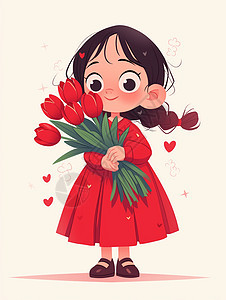 手捧着红色郁金香花束穿着红色连衣裙的卡通女孩图片
