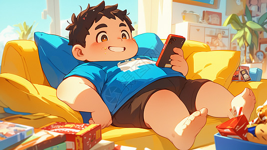 穿蓝色T恤躺在沙发上看手机的卡通男孩图片