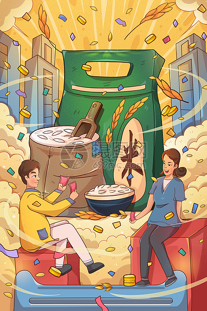 618购物节大米粮食促销活动和手握购物券的男女电商插画图片