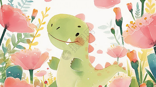在花丛中的绿色可爱卡通恐龙背景图片