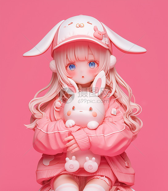 粉色调可爱的卡通女孩抱着小兔子玩偶图片
