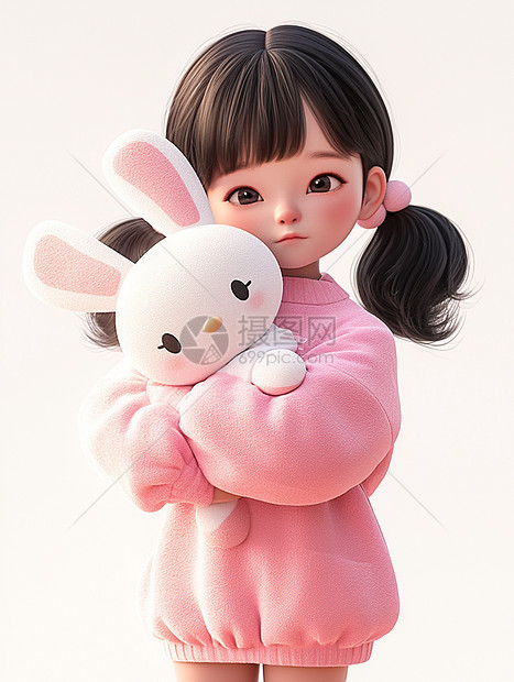 身穿粉色上衣抱着小兔子玩偶的卡通女孩图片