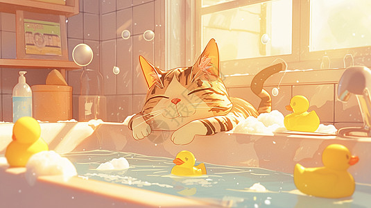 浴室中开心泡澡的卡通小猫图片