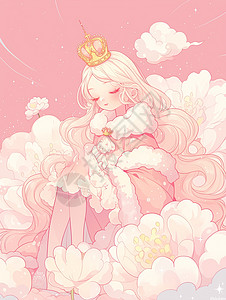 坐在云朵花丛中的的梦幻长发卡通小公主图片