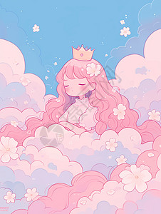 坐在云朵花丛中的的长发卡通小公主图片