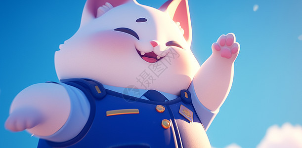 穿蓝色警服的卡通胖乎乎大白猫图片