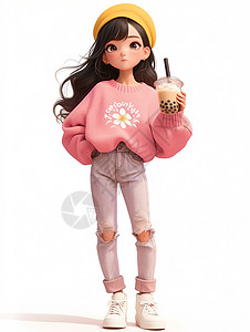 粉色上衣蓝色牛仔裤手拿奶茶的时尚卡通女青年图片