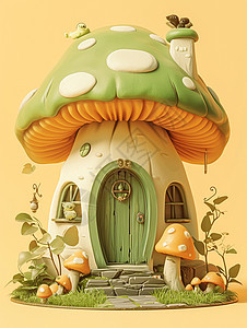 有绿色木门的可爱卡通蘑菇屋图片