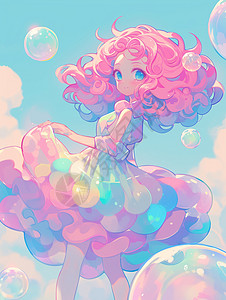穿着彩色蓬蓬裙粉色头发漂亮可爱的卡通小女孩图片