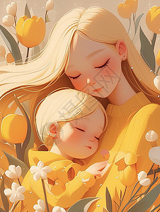 身穿黄色亲子装拥抱在一起的卡通母女图片