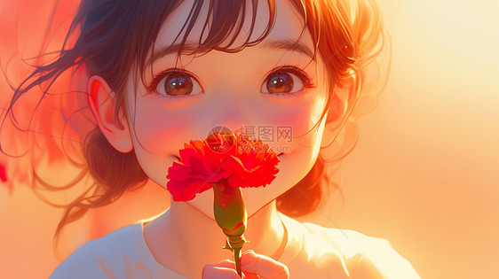 母亲节手拿红色康乃馨微笑的小女孩图片